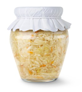 Marinated cabbage (sauerkraut) in glass jar